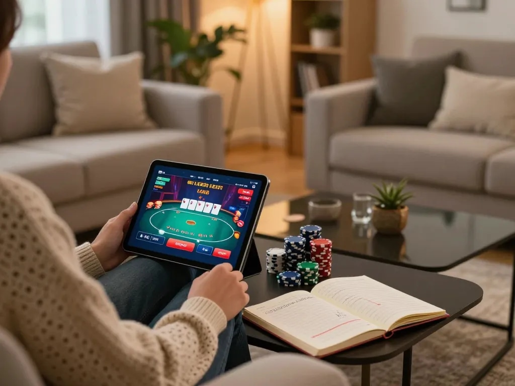 Player engaging in an online poker game on a tablet, showcasing XX88 gambling strategies for responsible gaming.
