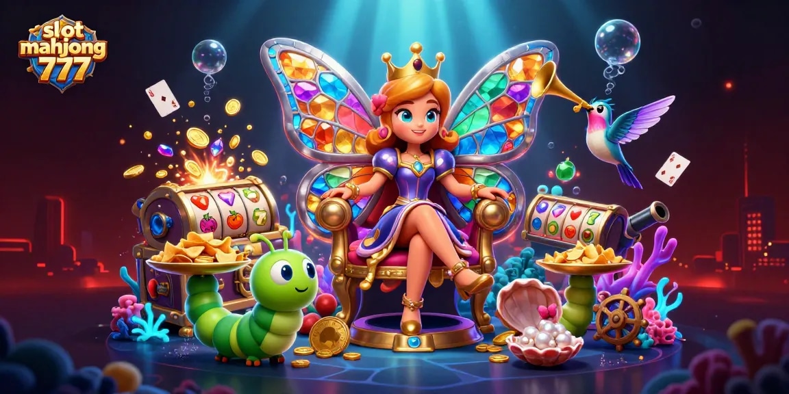Engage with slot mahjong 777 featuring a vibrant scene of a colorful butterfly queen and treasures.