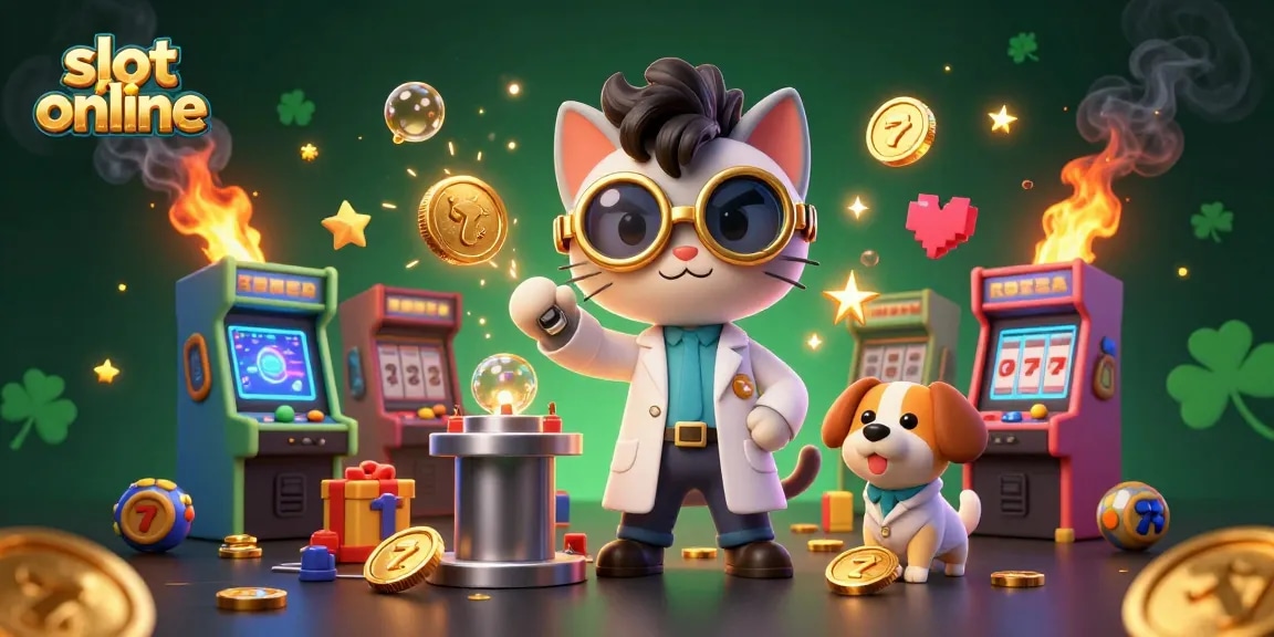 Spin the reels with slot online excitement, as cartoon scientists create gold coins in a vivid casino lab.
