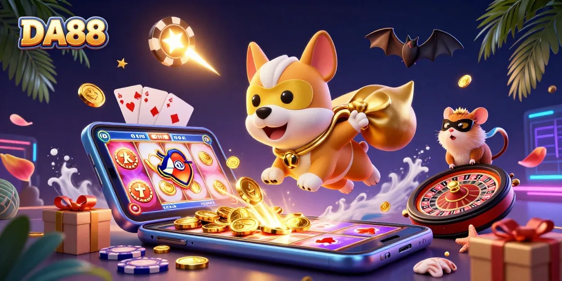 Join the action with DA88 as cartoon dog superhero flies amidst colorful gambling elements.