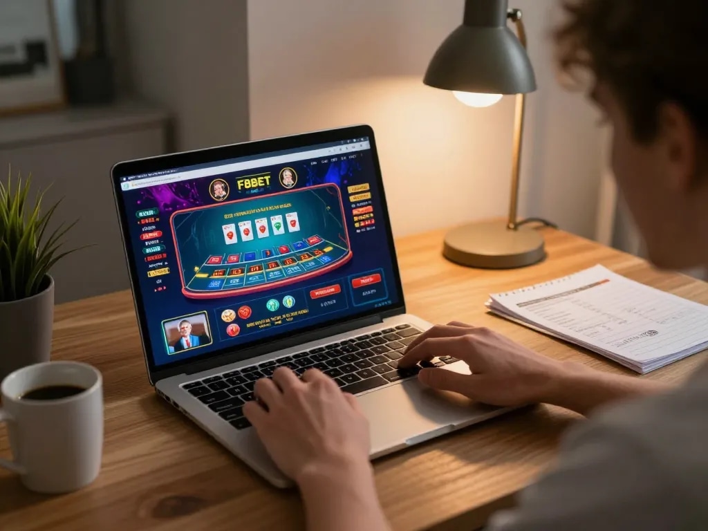 Player enjoying F8BET online game in a cozy home setup with strategy notes and coffee