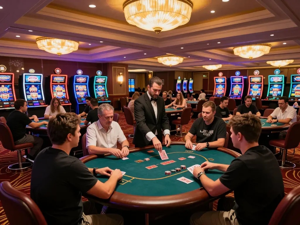 Players engaged at king33 poker tables, showcasing excitement and camaraderie in a vibrant casino atmosphere.