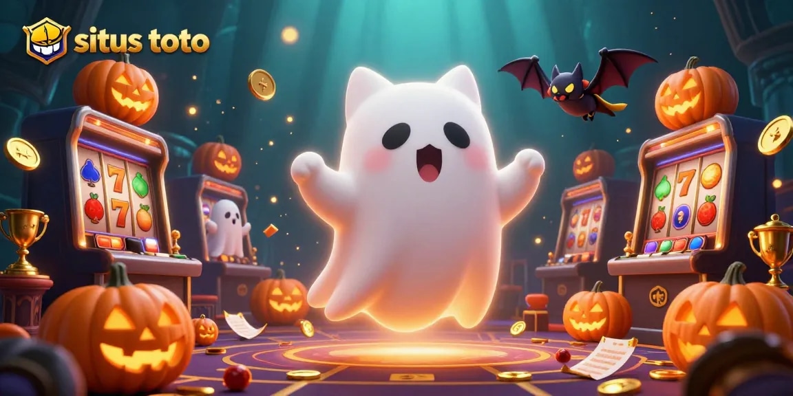 Engage in situs toto gaming with a friendly ghost cat and bat in a haunted casino scene.