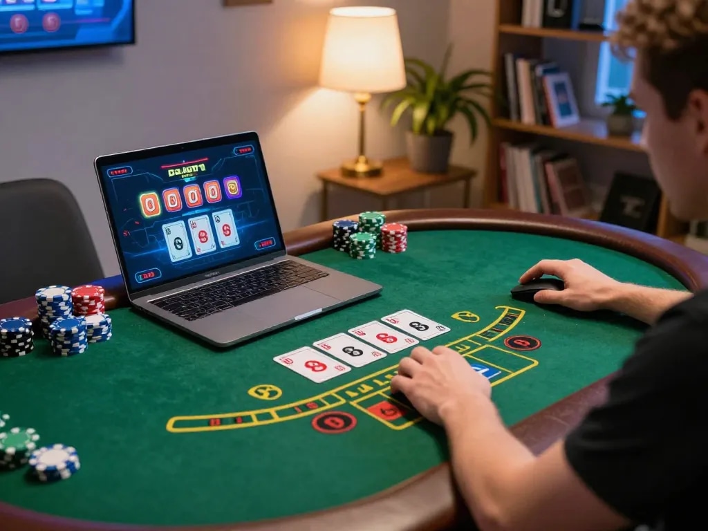 Player enjoying strategic blackjack session on 789win website in cozy gaming setup