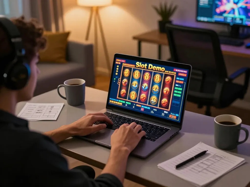 Playing Slot Demo games on a laptop in a cozy home office with strategy notes visible