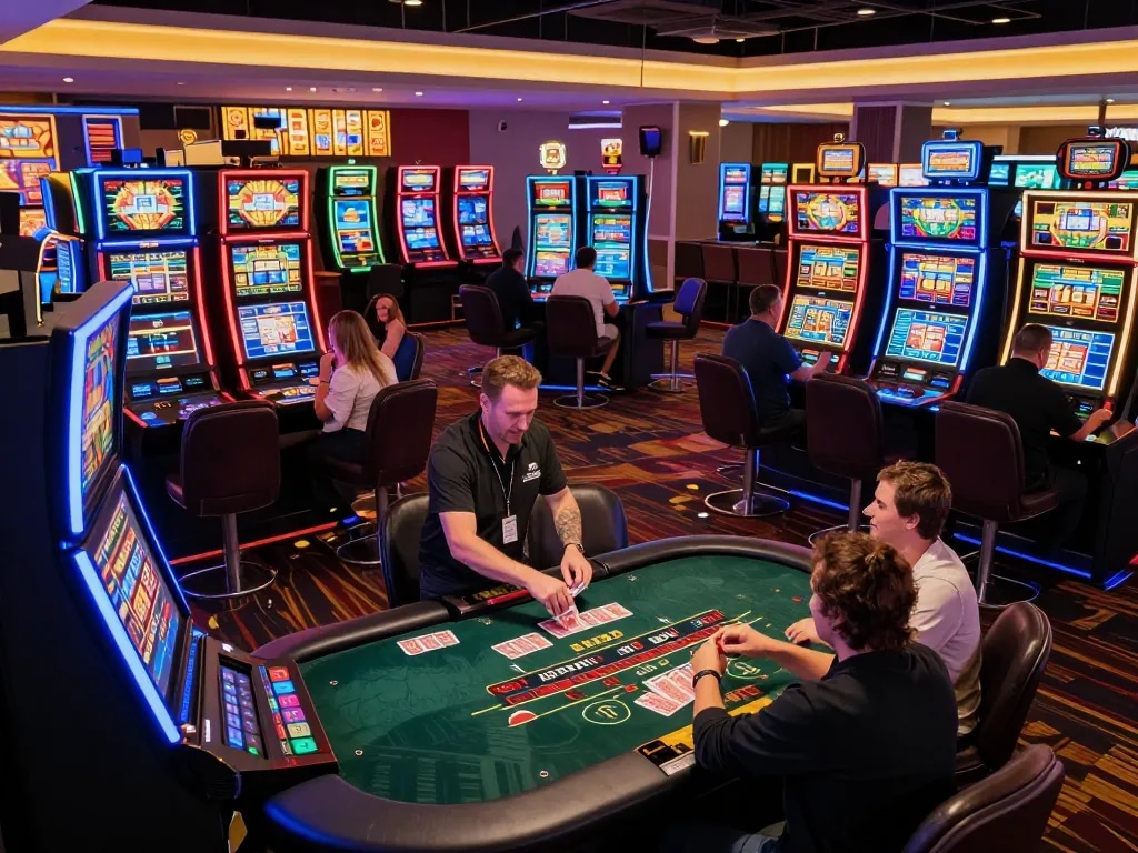 Players enjoying an exciting moment at okwin casino with vibrant slot machines and engaging table games.