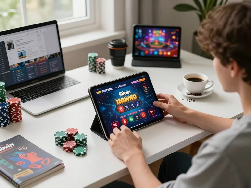 Player enjoying online casino games on 98win com at home with a tablet and poker chips.