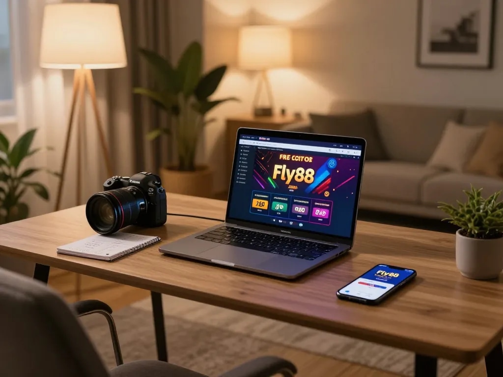 Player engaging with Fly88 free online casino on a laptop at home, showcasing a cozy gaming environment with warm lighting.