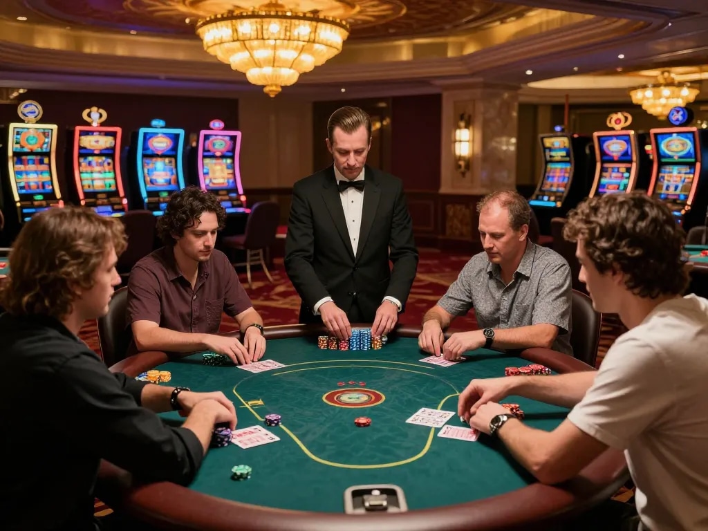 Players engage in a high-stakes poker game at a luxurious casino with gen-e branding highlighted.