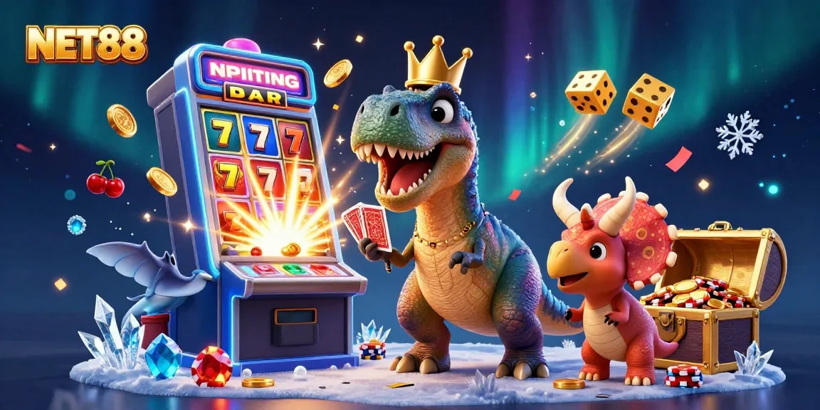 Experience NET88 with a playful T-Rex and friends engaging in a vibrant casino scene filled with excitement and rich details.