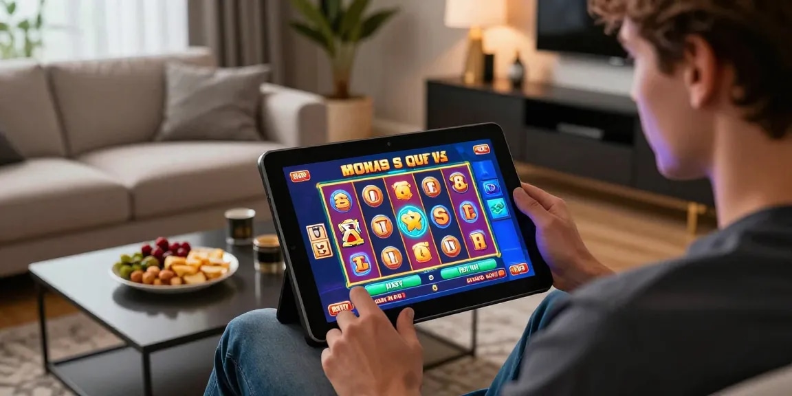 Engaged player enjoying bonus buy slots on a tablet in a modern casino setup.
