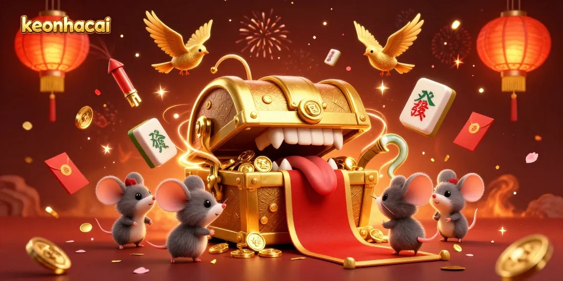 Engage with keonhacai as adventurer mice are drawn to a golden treasure chest in a vibrant casino scene.