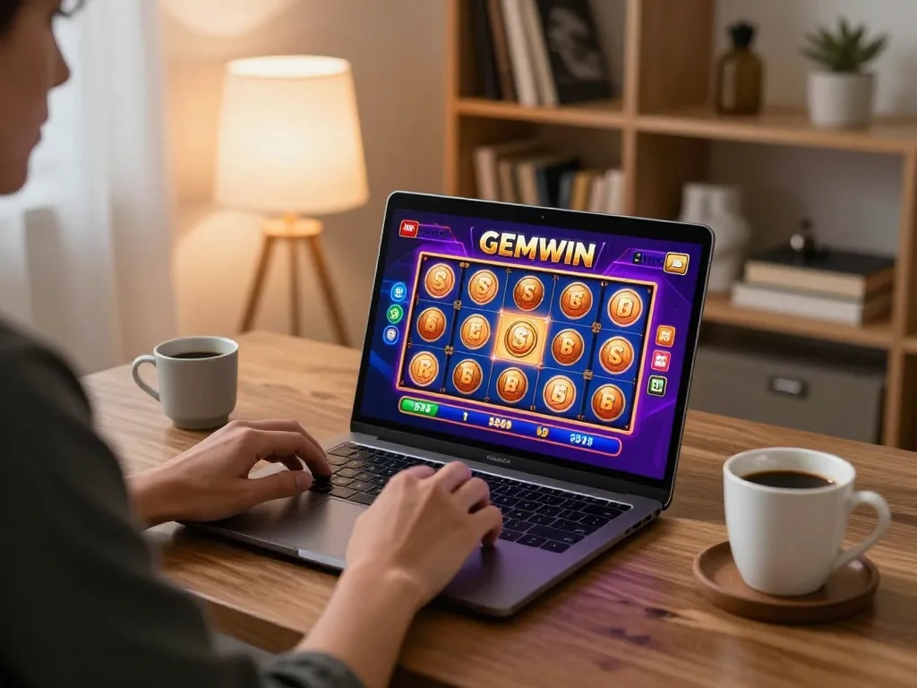 Engaging player enjoying GEMWIN games on laptop in a cozy home setting