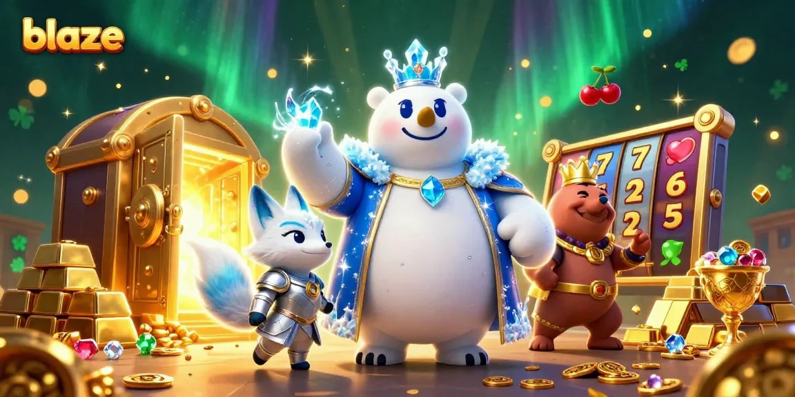 Spin to win at blaze, featuring a majestic ice king polar bear, with gold treasures, slot icons and dynamic energy.