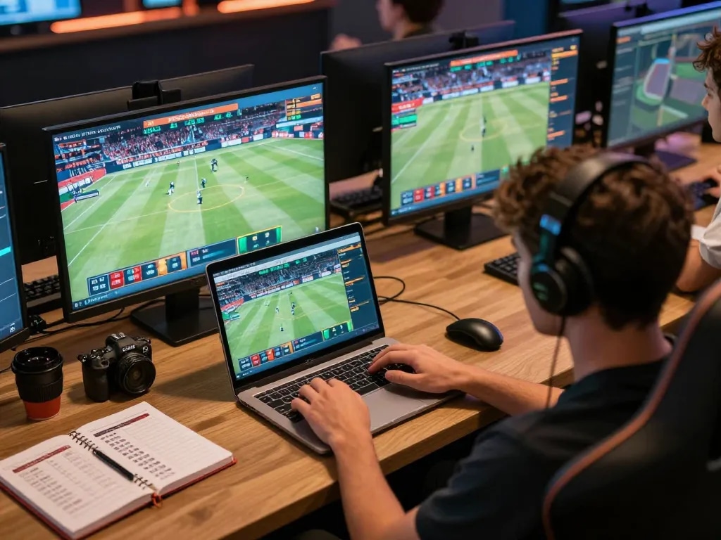 Engaging in mpo sport betting with multiple screens showcasing live games and strategic notes.
