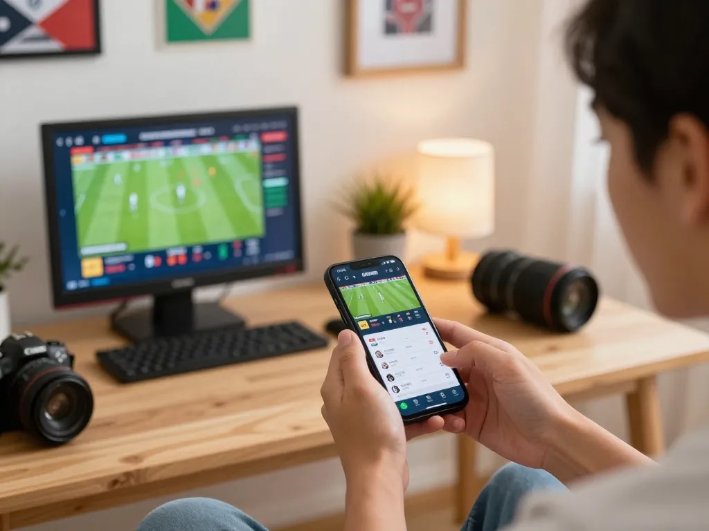 Engaging with the trang cá cược bóng đá on a smartphone, lively sports betting atmosphere at home.