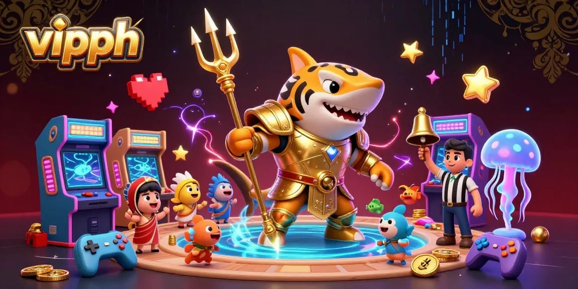 Experience thrilling wins at vipph with a dynamic underwater casino scene featuring a gladiator shark and vibrant game elements.