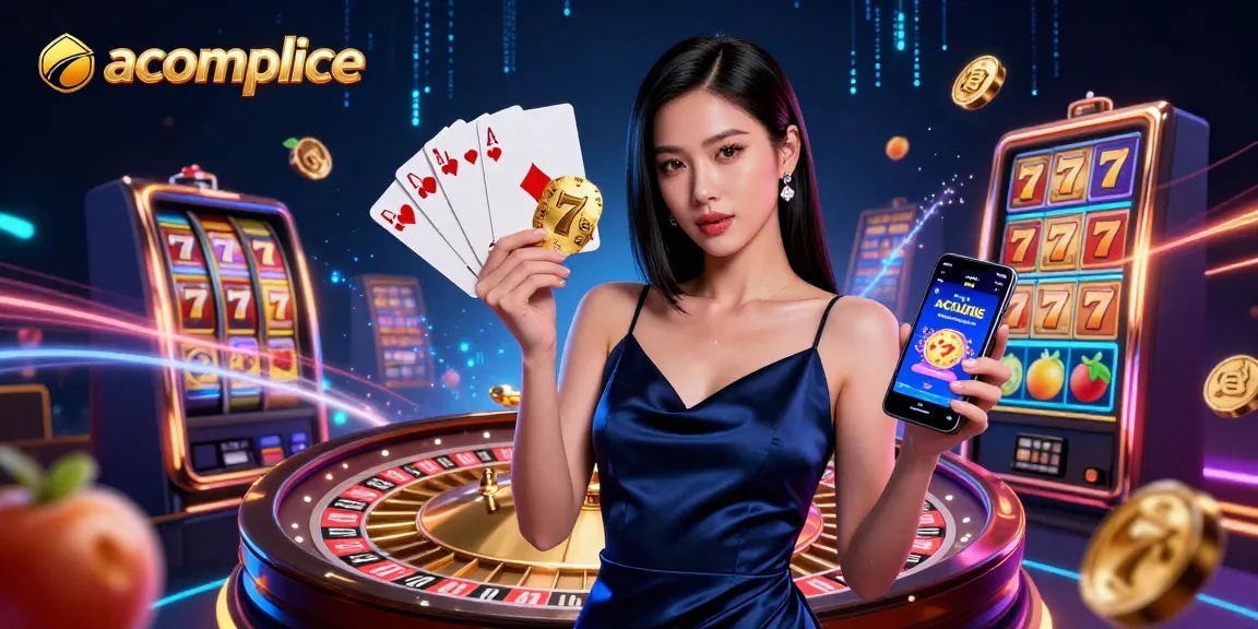Experience excitement with accomplice at the virtual casino, showcasing slots and dynamic gaming elements.