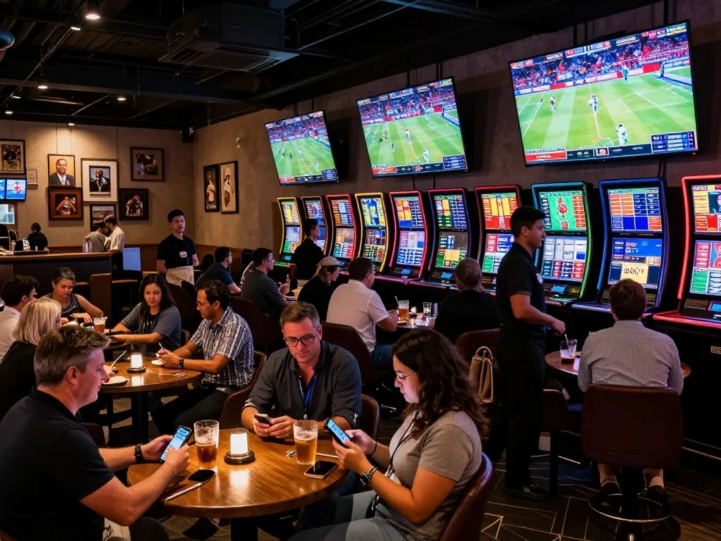 Gamblers placing bets on OKFUN while enjoying a lively sports event in a premium betting lounge