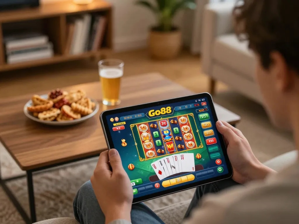 Player enjoying Go88 gaming session on tablet with bright game interface in cozy home