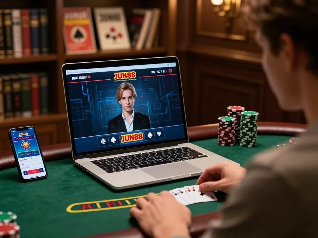 Engaging in live dealer blackjack on JUN88 laptop with strategic focus and warm ambiance.