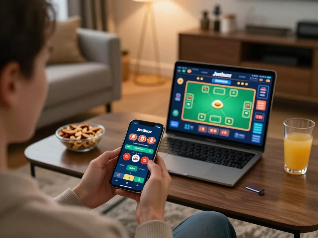 Engaging gameplay on Jeetbuzz App showcased on mobile device in a cozy home setting.