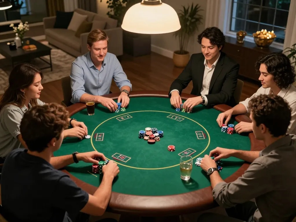 Engaged players at the best casino uden ROFUS enjoying a lively poker game night with chips and cards
