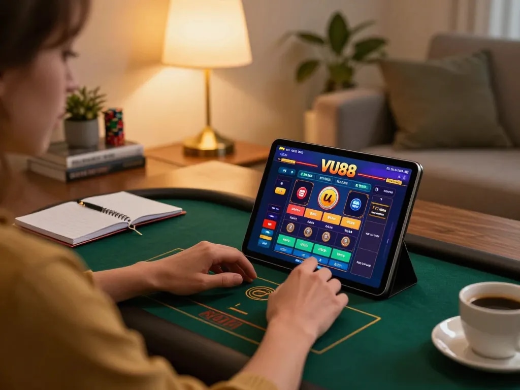 Engaging with the VU88 online casino on a tablet, capturing the thrill of digital betting.