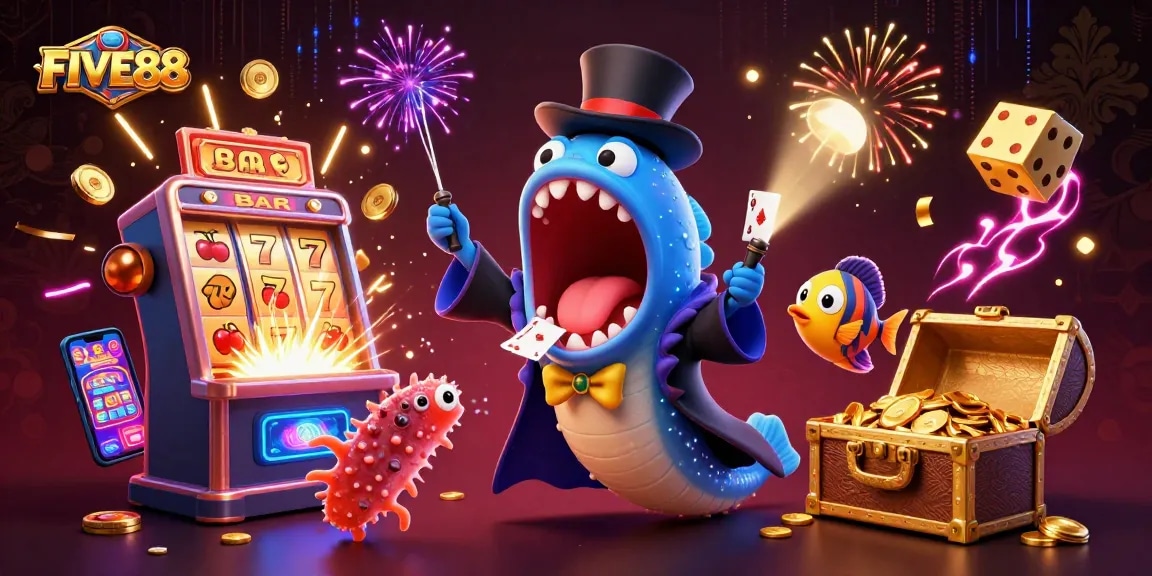 Experience the magic of FIVE88 with vibrant casino reels and characters in an exciting scene.