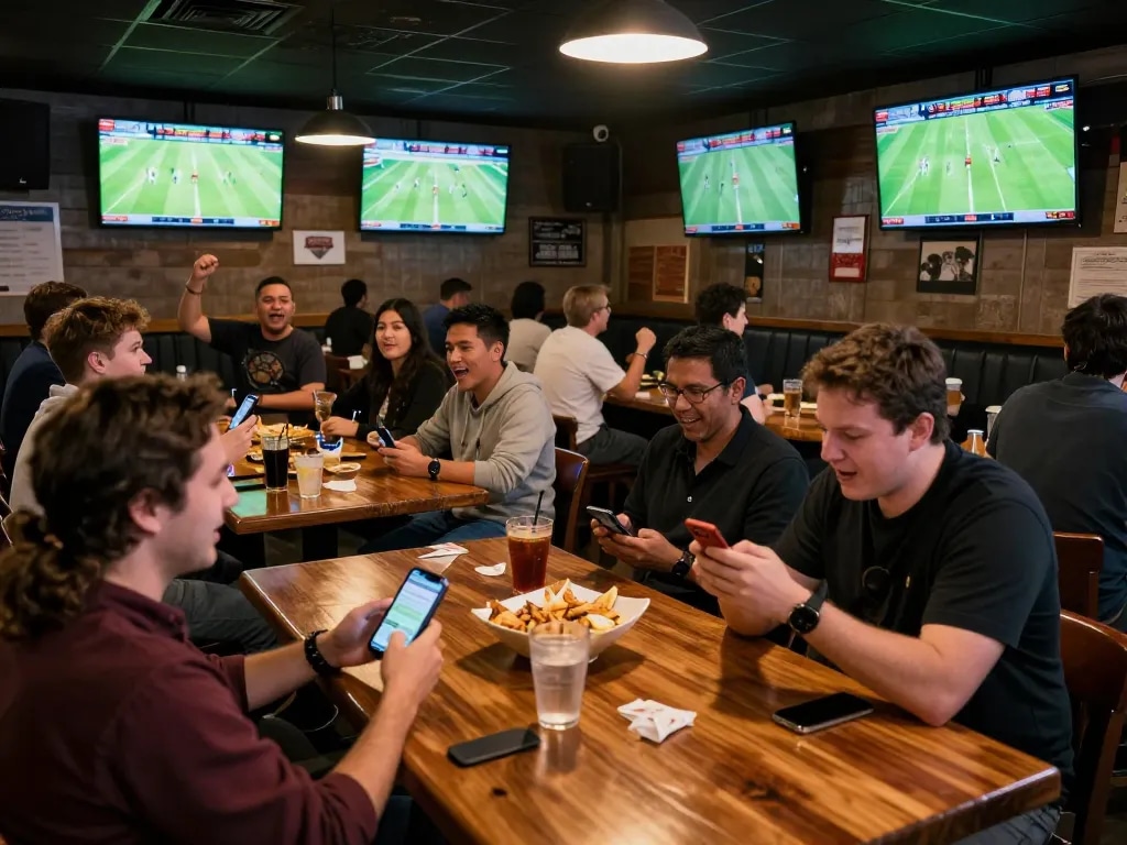 Tỷ lệ kèo nhà cái 5 action at a lively sports bar with fans engaged in betting.