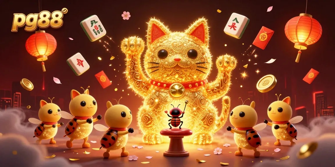 Engage with pg88 as golden fireflies form a luck cat amidst casino symbols in this vibrant illustration.
