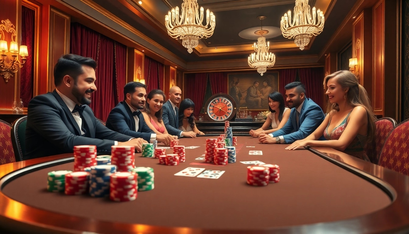 Players engaging at Bay789’s upscale poker table, showcasing excitement and luxury in gambling.
