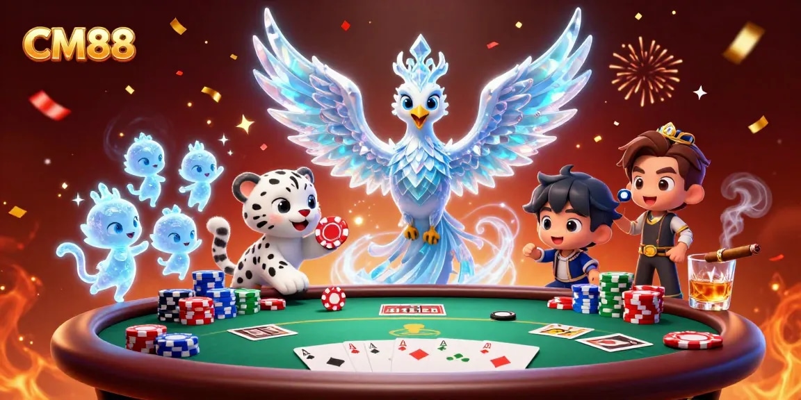 CM88 players enjoy their favorite poker game with colorful chips and festive energy in this vibrant, detailed illustration.