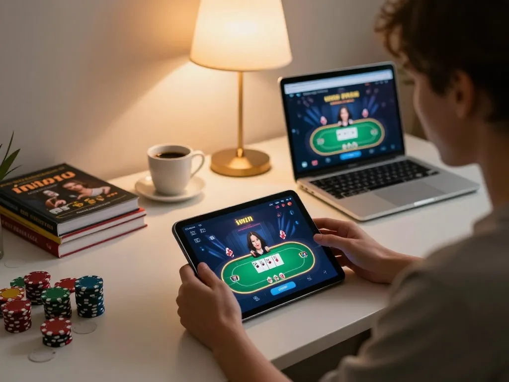 Play poker on the iwin pro app with a cozy home gaming setup and strategic planning materials.