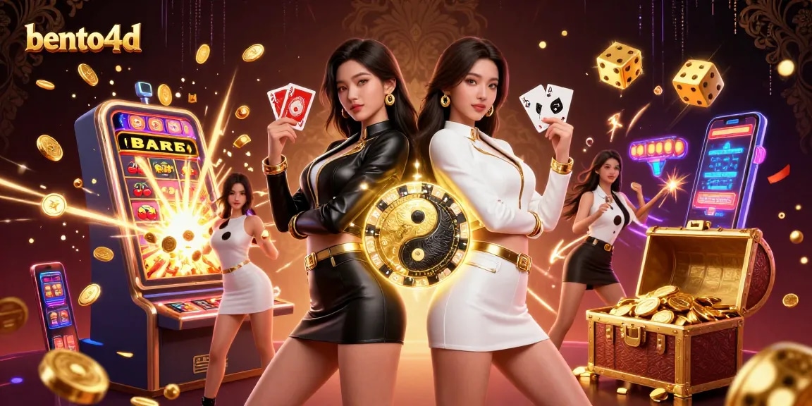 Bento4d menawarkan aksi kasino yang dinamis menampilkan dua wanita Asia dengan kartu bermain di tengah ledakan jackpot.