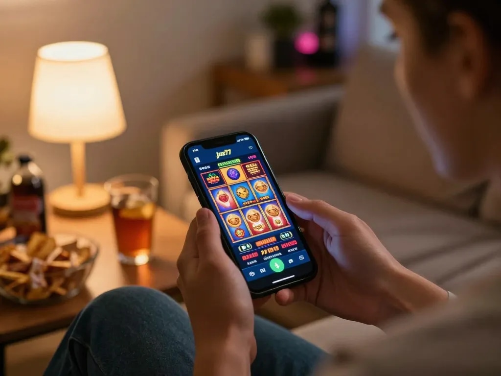 Player enjoying a smartphone gaming session on jus77 app for immersive slot experience at home