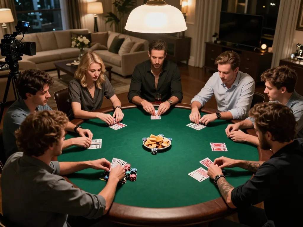 Players immersed in an intense poker game at home, showcasing mb66 strategies with cards and chips on display