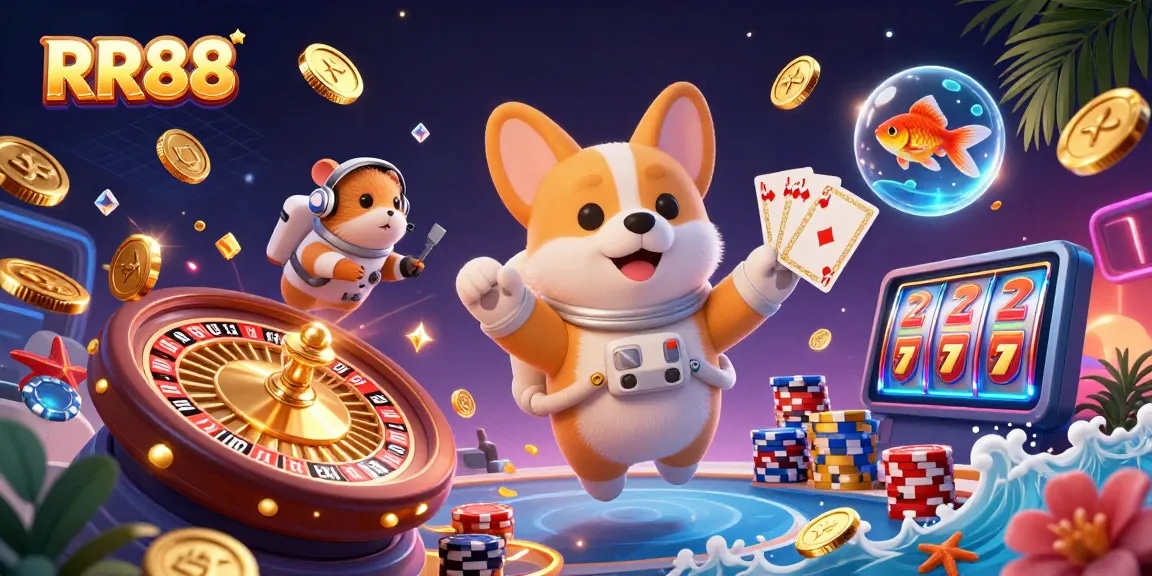 Engage with RR88's vibrant casino experience featuring a floating cartoon astronaut corgi, poker chips, and a mission-control hamster.