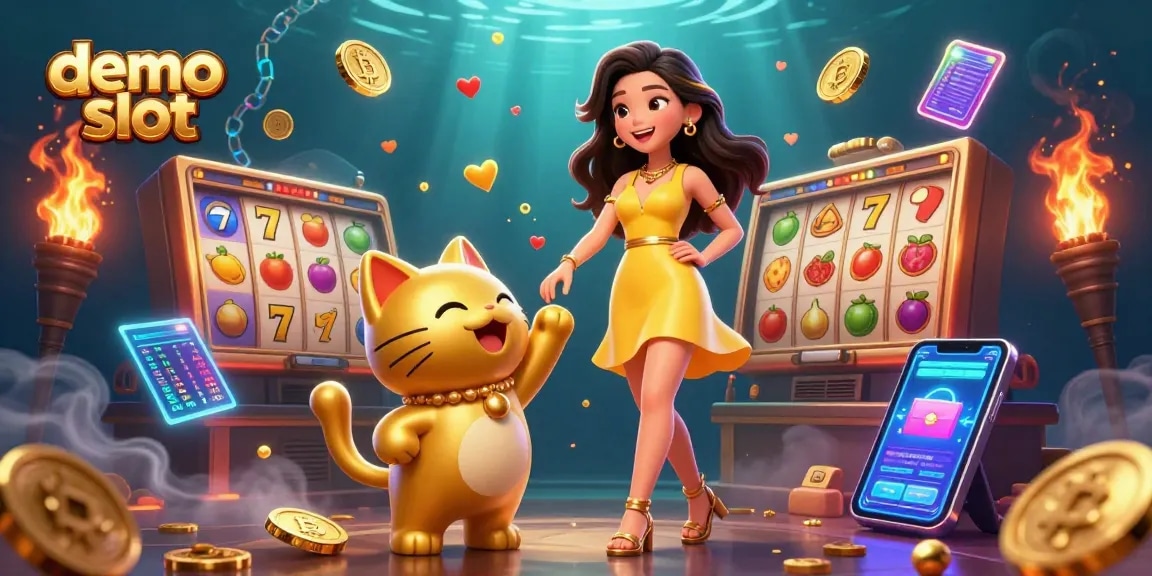 Engage with demo slot excitement through a vibrant 3D illustration featuring a cheerful Asian woman with a lucky cat.