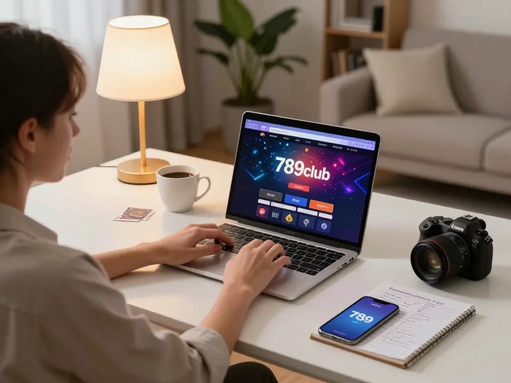 Person enjoying an online poker game at 789club in a cozy home setup, with strategic notes and a warm atmosphere.