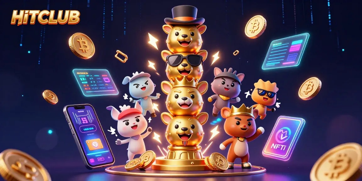 Experience winning moments at HITCLUB with vibrant 3D casino-themed illustration, showcasing playful casino elements.