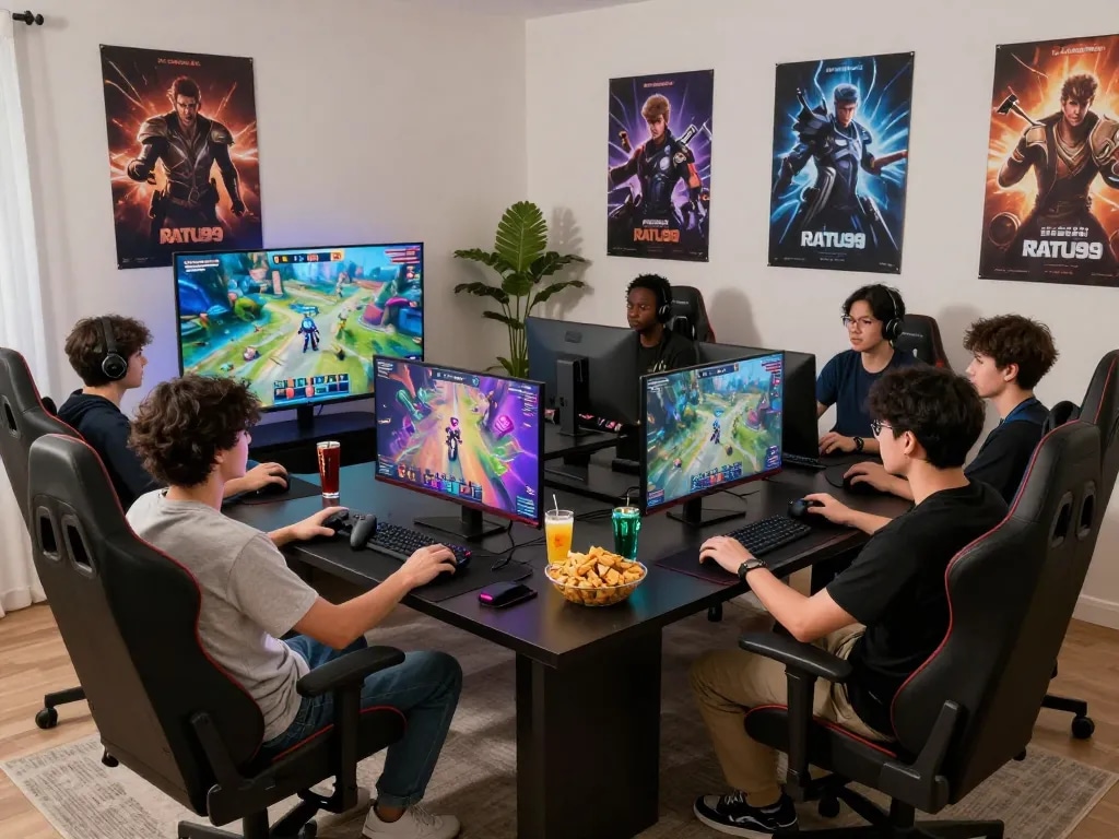 Exciting RATU99 online gaming scene with players comfortably enjoying vibrant graphics in a cozy setting.