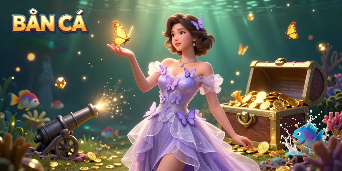 BẮN CÁ an immersive fish shooting game scene filled with vibrant sea creatures, bursting treasures, and detailed underwater elements.