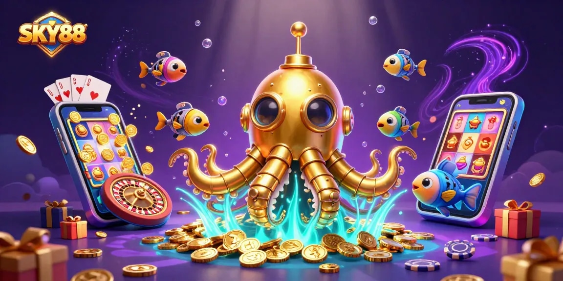 Spin to win at SKY88 with the golden kraken submarine and vibrant casino elements.