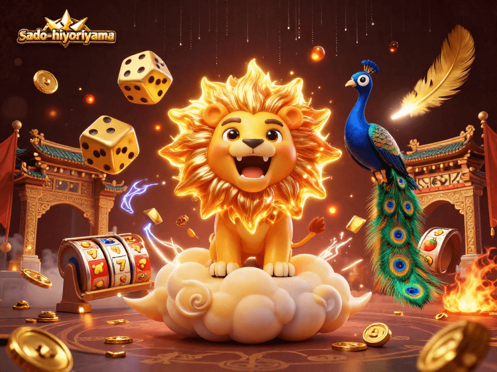 sado-hiyoriyama elevates the thrill of slots with a vibrant, dynamic scene featuring a roaring sun lion and golden dice.