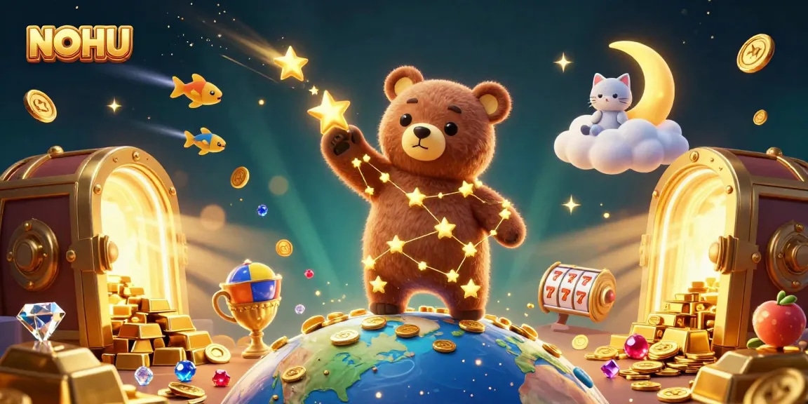 Experience vibrant gaming with NOHU's dazzling casino-themed 3D illustration showcasing stellar characters and rich slot elements.