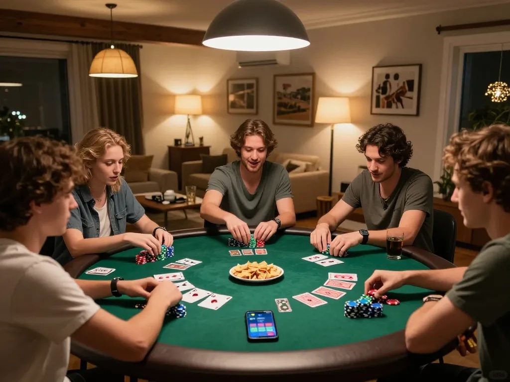 Players engaged in a poker game at home, showcasing strategies for gambling with selfieplasticsurgeries evident in the scene.
