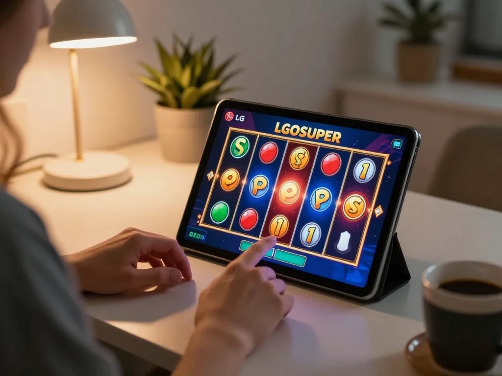 Player enjoying LGOSUPER slot experience on a tablet in a cozy home setting.