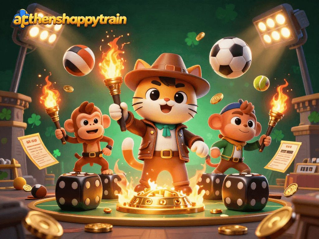 Experience the excitement of athenshappytrain with an animated casino adventure featuring coins and sports elements.