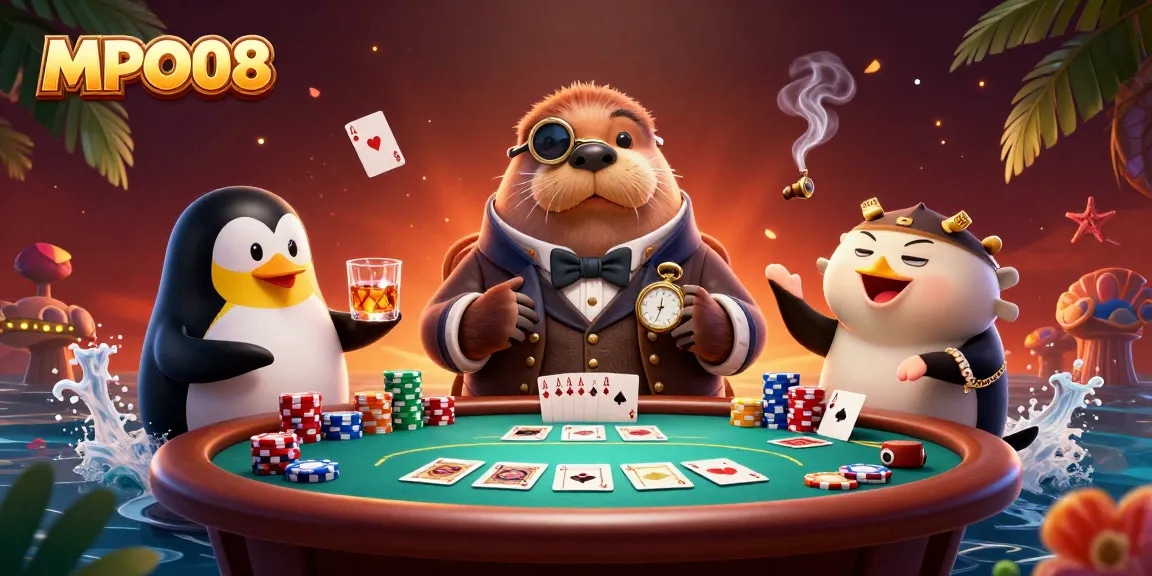 MPO08 players bluffing at an interactive poker table, showcasing vibrant gameplay dynamics.